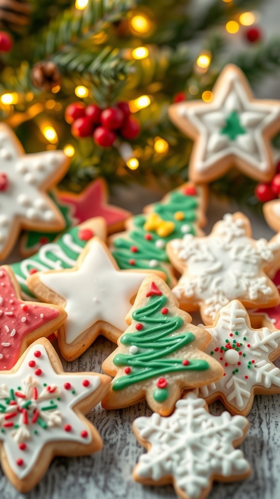 Decorated Christmas sugar cookies in festive shapes with colorful icing on a holiday-themed background.